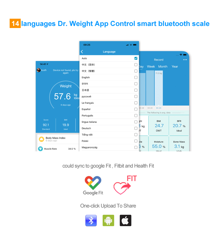 Analisador de composição corporal com escala de aplicativo para smartphone
