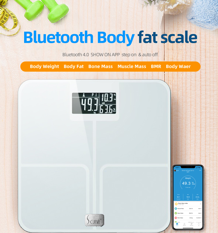 Rastreador de percentual de gordura ody com escala de aplicativo para smartphone