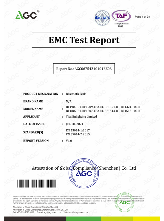
     Certificado Yilai Scale RED pela AGC
    