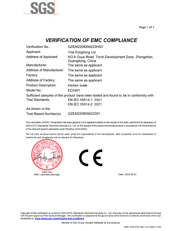 
     Escala Yilai EC5401 EMC da SGS
    